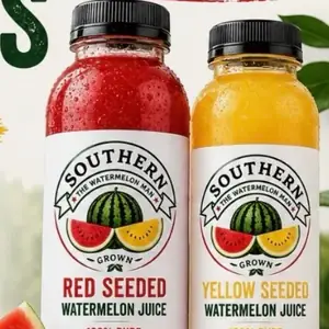 Southern Grown red seeded and yellow seeded cold pressed watermelon juice bottles